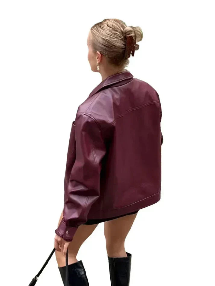 Veste en cuir avec fermeture éclair et poche poitrine pour l'automne/hiver