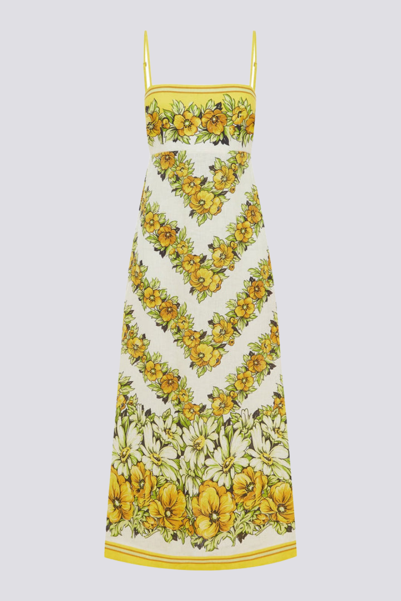 Tristane – Gelbes Maxikleid mit Spaghettiträgern und Blumenmuster