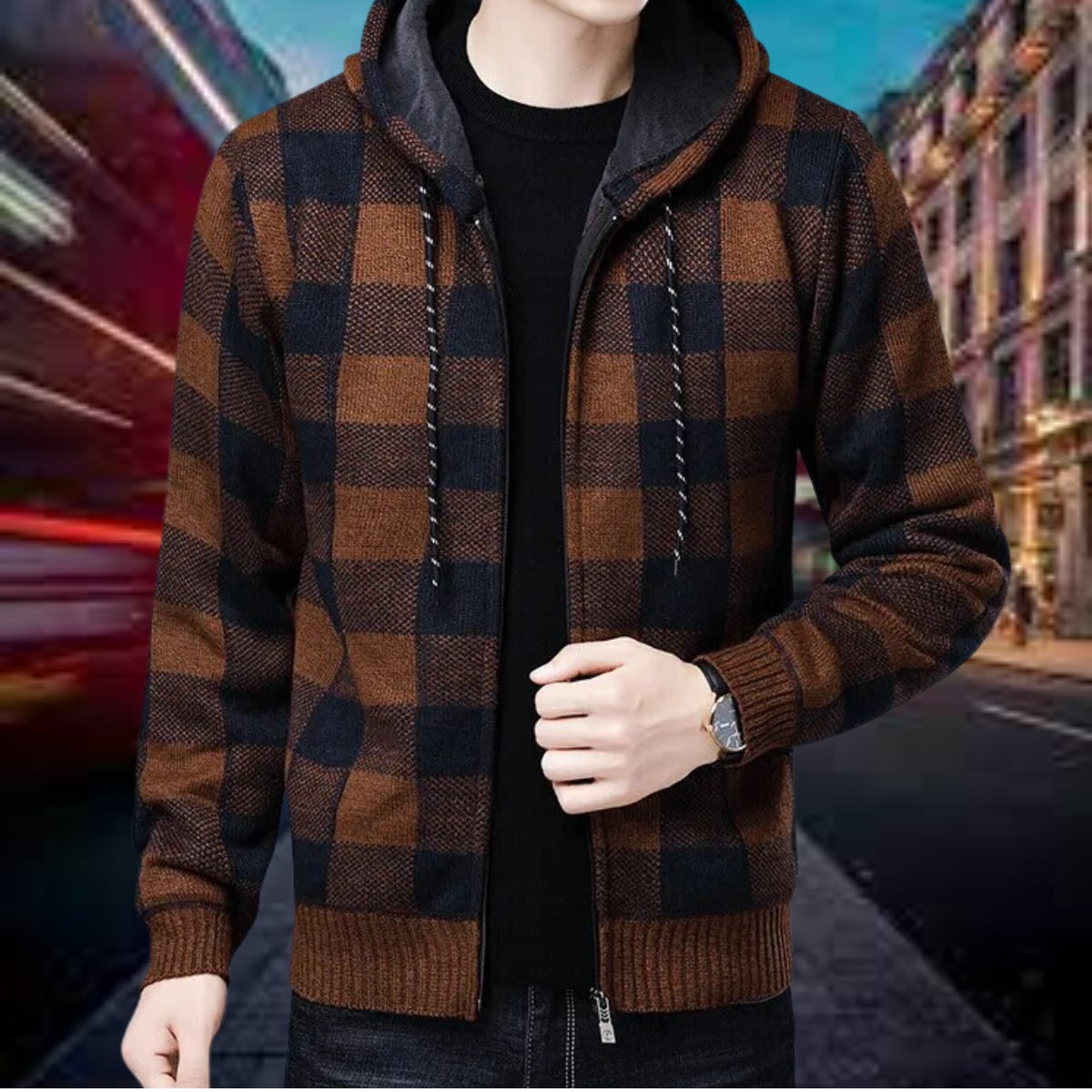 Hyvaelis | Hochwertige Strickjacke mit karierter Kapuze