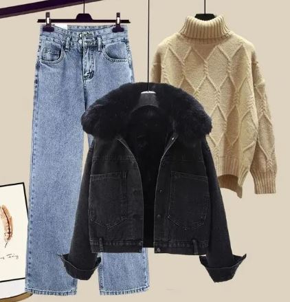 Wivarael | Ensemble trois pièces composé d'un jean, d'une veste en jean et d'un pull en maille à col montant