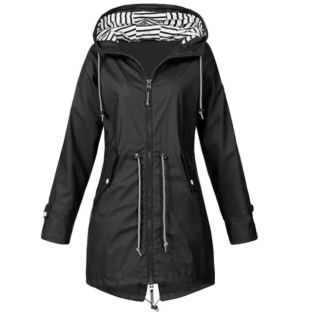 Damen wasserdichter Hoodie-Trenchcoat mit Taillenkordelzug, Reißverschluss und Außentaschen