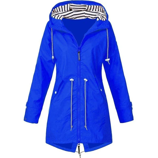 Damen wasserdichter Hoodie-Trenchcoat mit Taillenkordelzug, Reißverschluss und Außentaschen