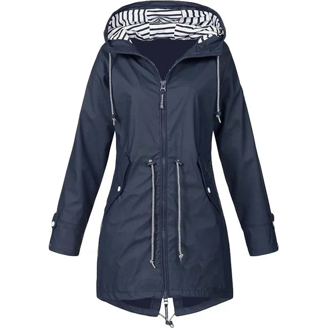 Damen wasserdichter Hoodie-Trenchcoat mit Taillenkordelzug, Reißverschluss und Außentaschen