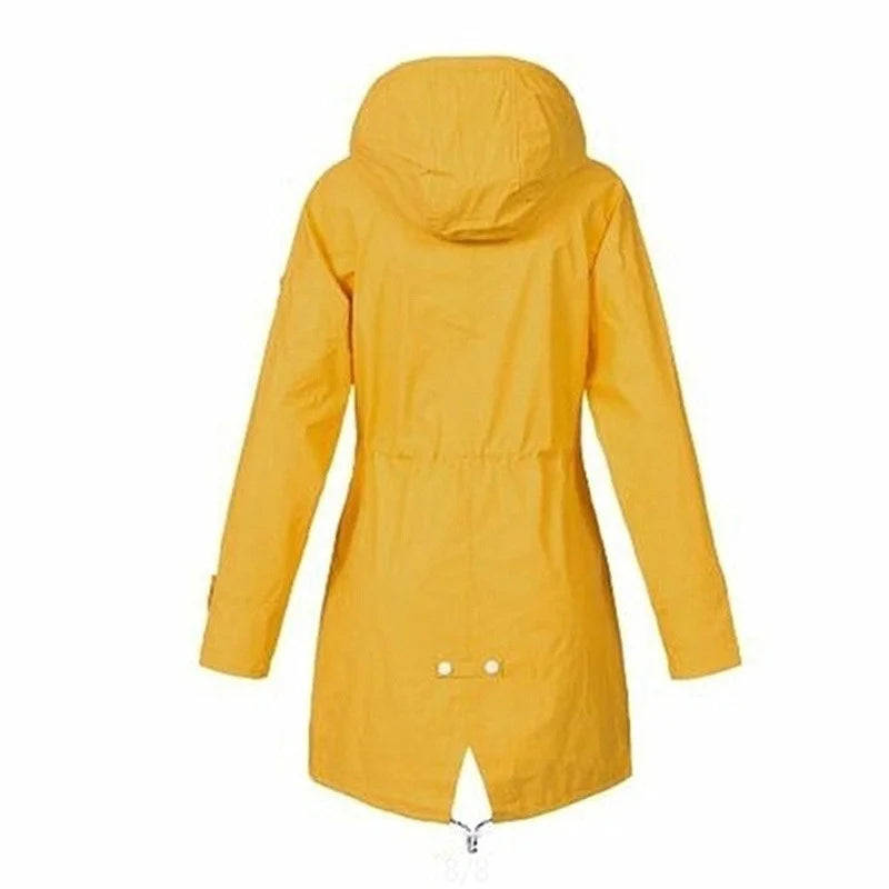 Damen wasserdichter Hoodie-Trenchcoat mit Taillenkordelzug, Reißverschluss und Außentaschen