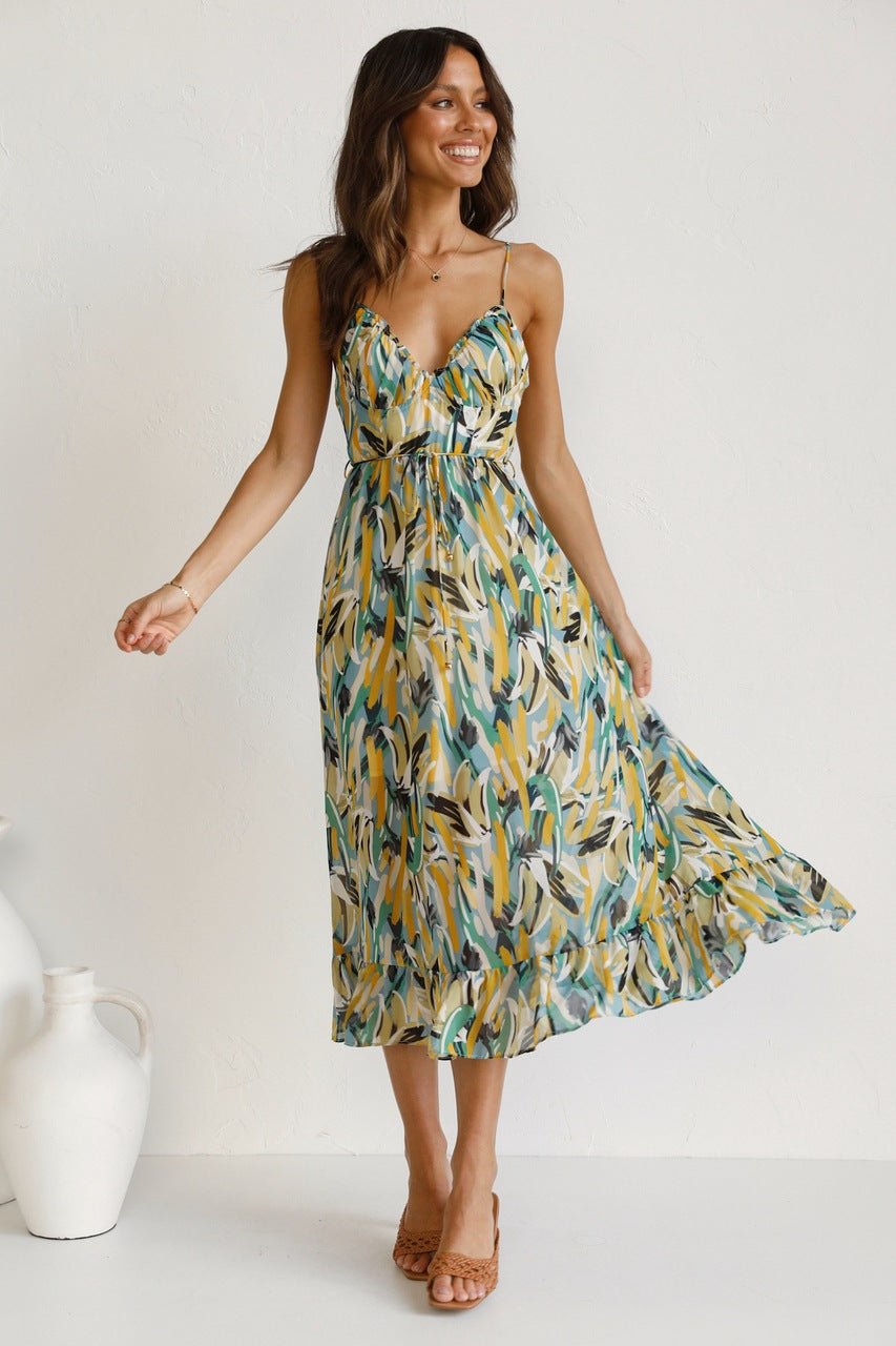 Adela bedrucktes Midi-Sommerkleid mit Rüschenbesatz