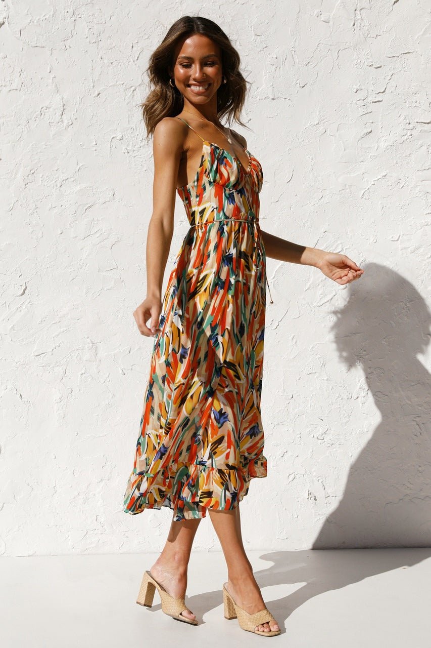 Adela bedrucktes Midi-Sommerkleid mit Rüschenbesatz