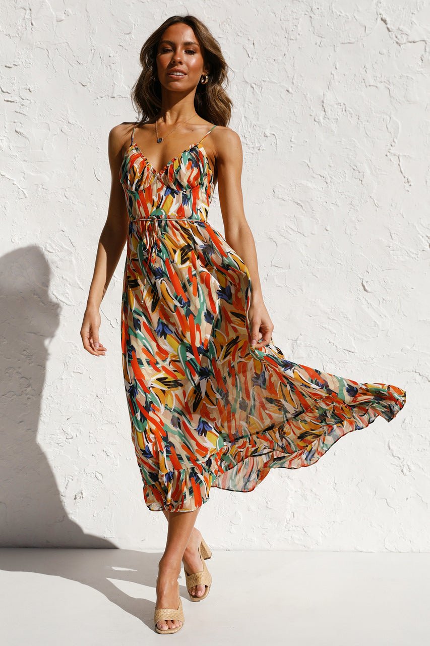 Adela bedrucktes Midi-Sommerkleid mit Rüschenbesatz
