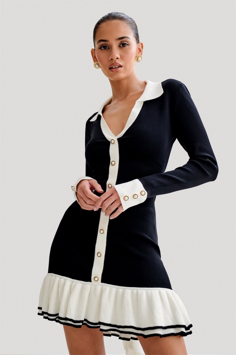 Robe mini en maille Alexia avec nœud à volants contrastant