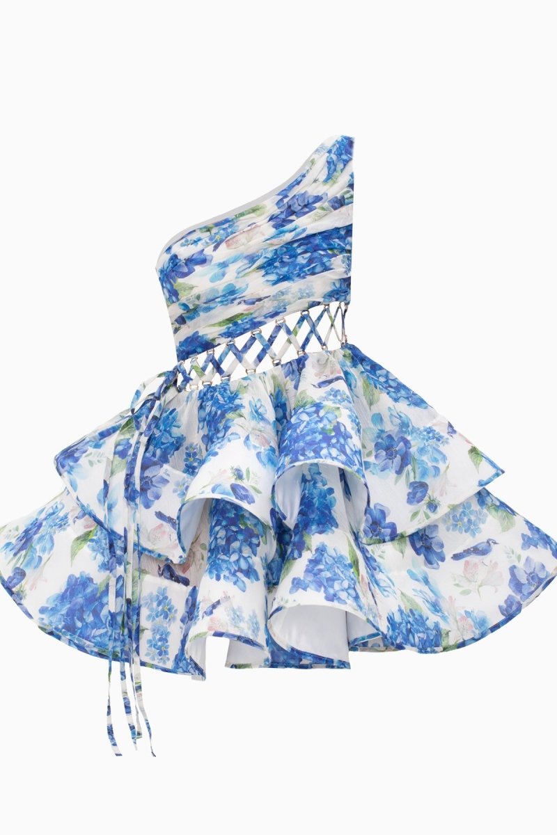 Andrea Blumenbedrucktes One-Shoulder-Minikleid aus Chiffon
