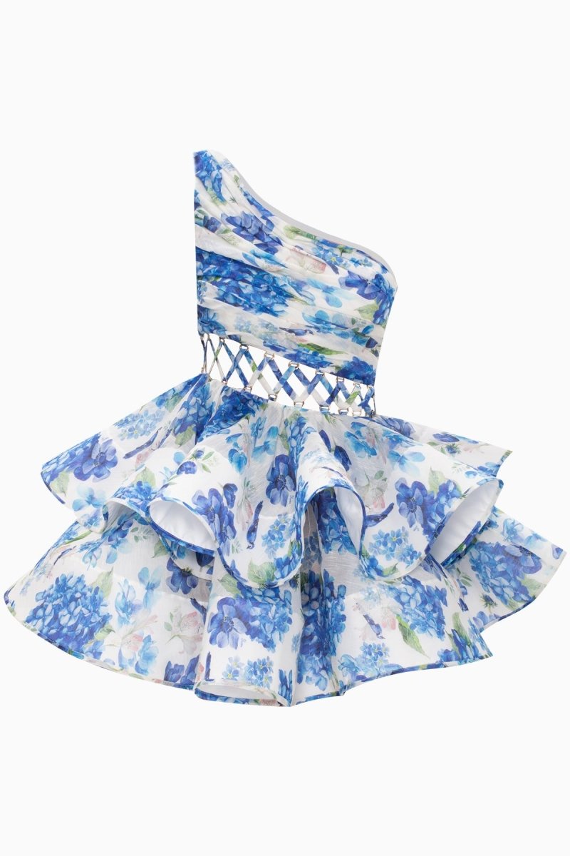 Andrea Blumenbedrucktes One-Shoulder-Minikleid aus Chiffon