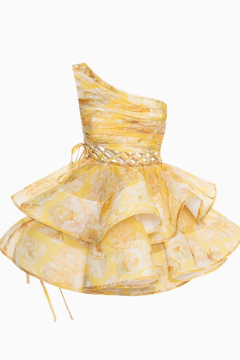 Andrea Blumenbedrucktes One-Shoulder-Minikleid aus Chiffon