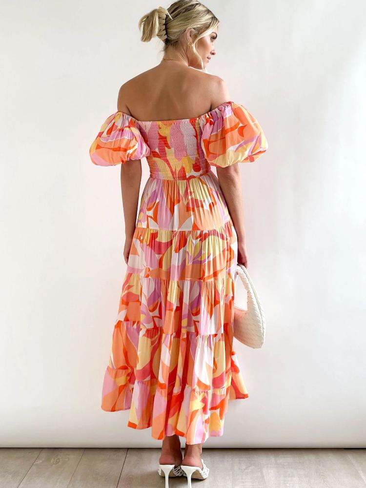 Robe longue à volants et épaules dénudées imprimée Andrea avec manches bouffantes