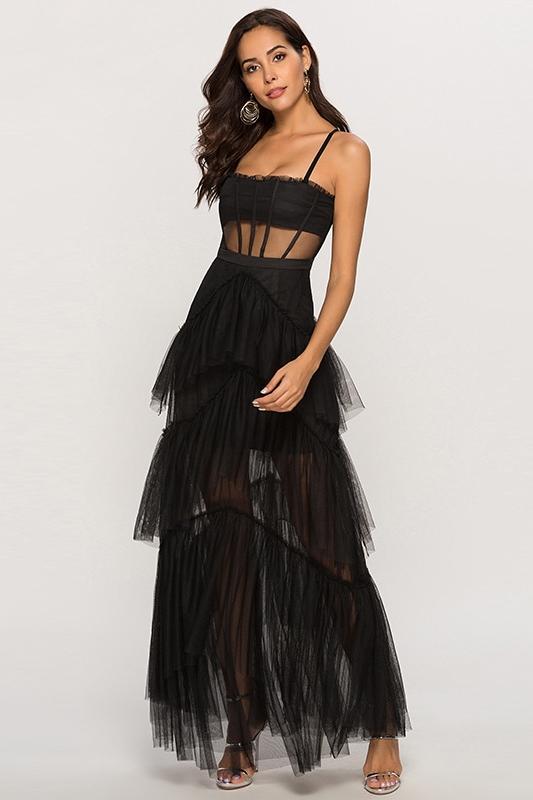 Arlene Corset – Maxi-Unterkleid aus Netzstoff mit Lederkorsett