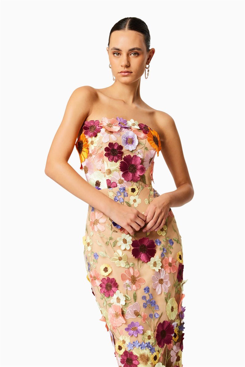 Trägerloses Midikleid „Belle“ mit Blumenstickerei