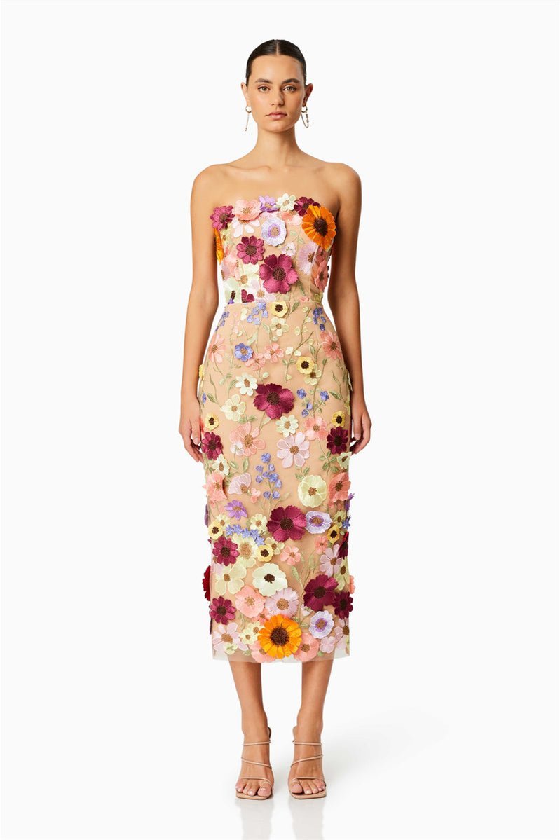 Trägerloses Midikleid „Belle“ mit Blumenstickerei