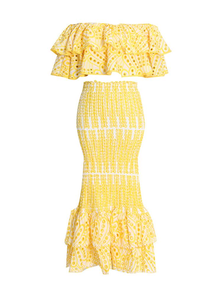 Dolly bestickte Spitzenstufe Ruffle Maxi Kleiderset