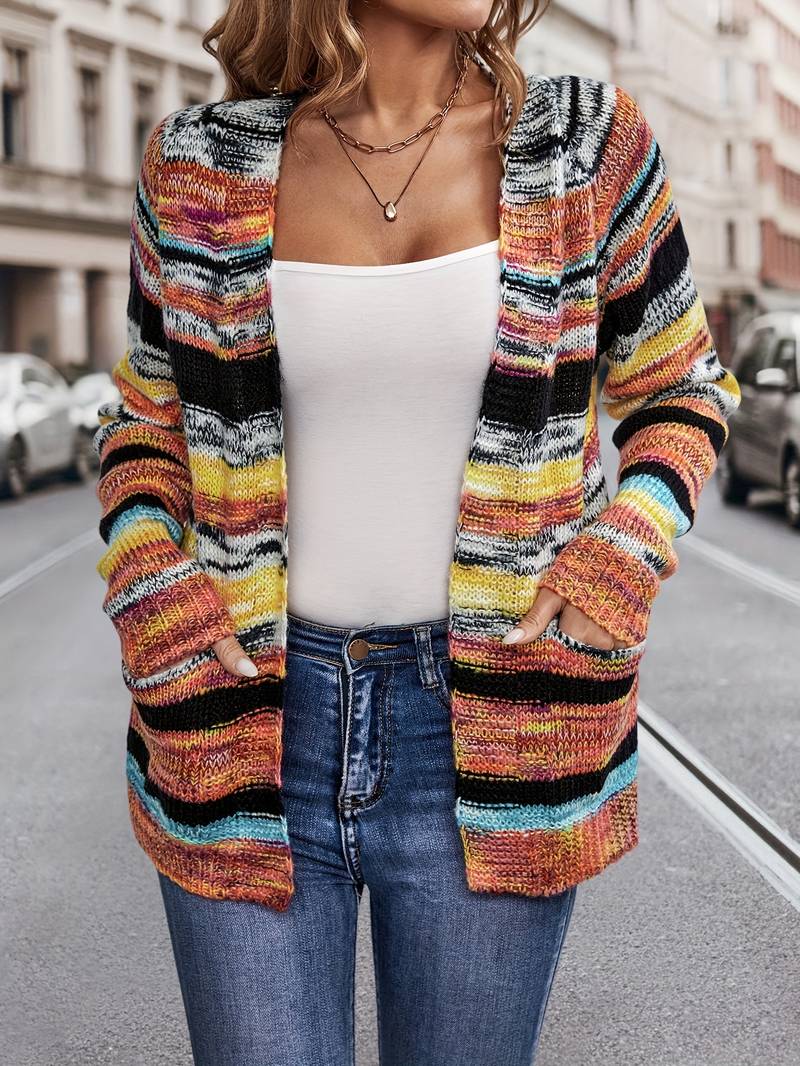 Zoe – cardigan ouvert à rayures arc-en-ciel