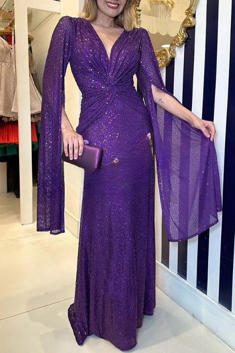 Hélène | Robe longue élégante avec col en V et détails en dentelle