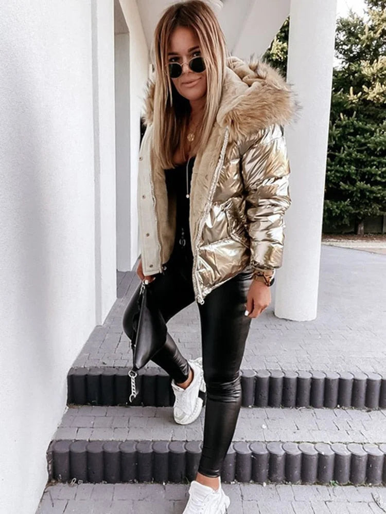 Kleio – Veste d'hiver élégante au look métallisé doré et argenté