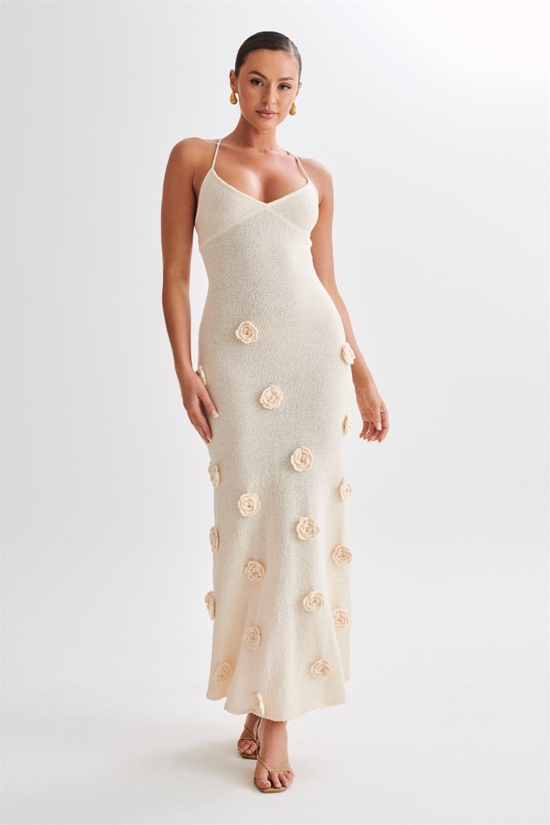 Edwina – Gestricktes Maxikleid mit V-Ausschnitt und Blumenmuster