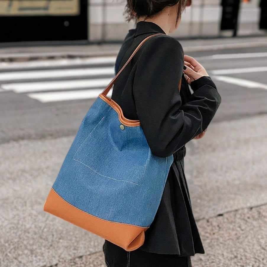 Bucket Bag aus Denim im Patchwork-Look