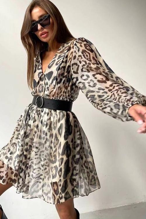 Gail Bedrucktes Chiffon-Minikleid mit V-Ausschnitt und Gürtel