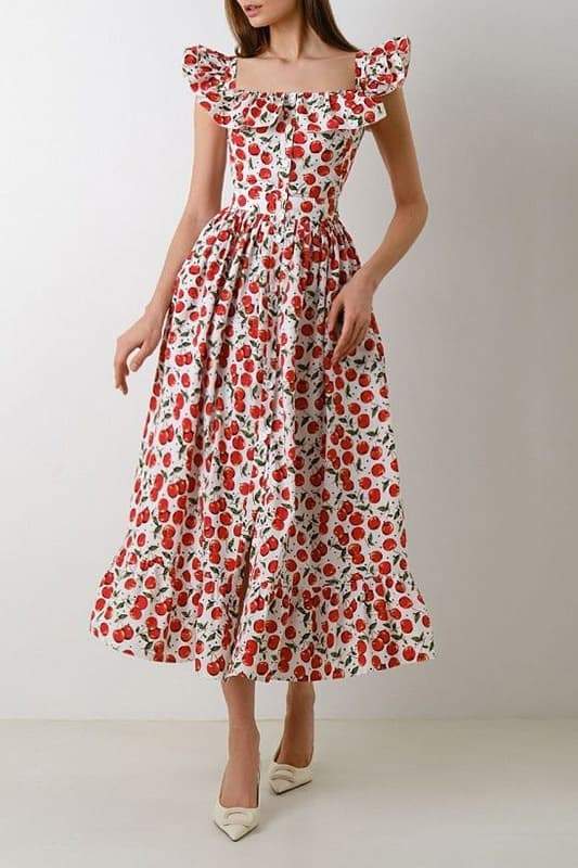 Griselda – Midikleid mit Rüschen und Kirschmuster