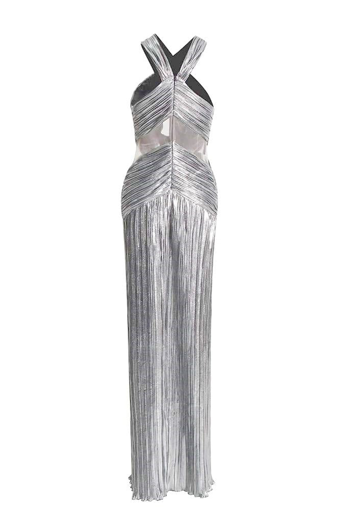 Heloise – Maxikleid mit Neckholder und überkreuztem Dekolleté in Metallic