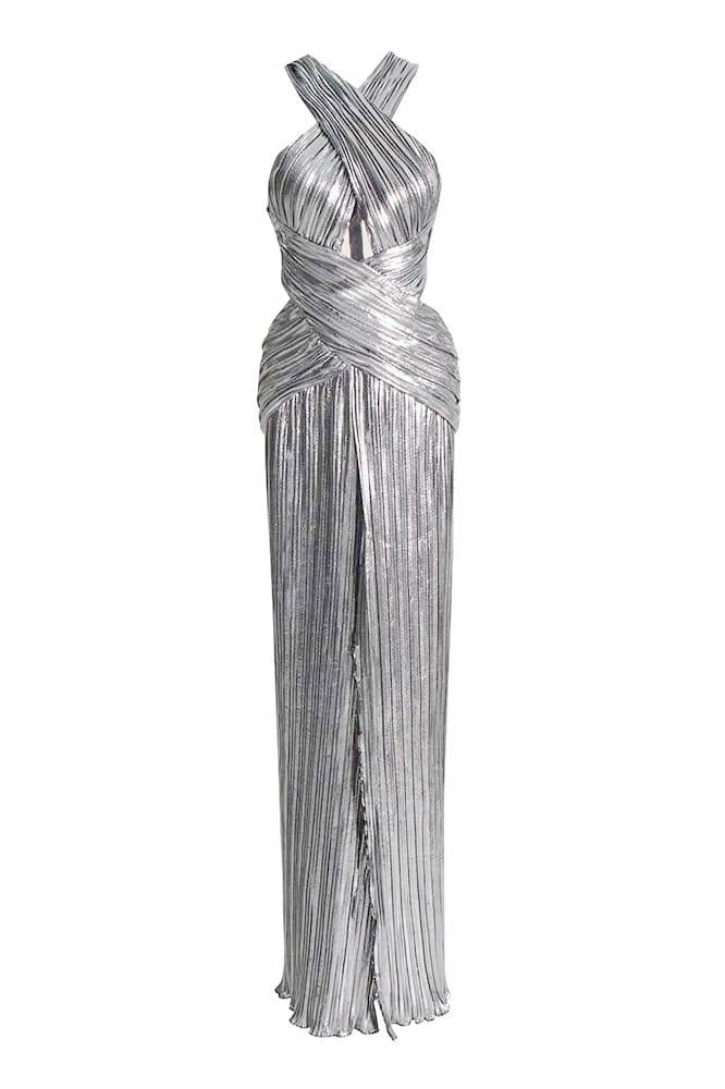 Heloise – Maxikleid mit Neckholder und überkreuztem Dekolleté in Metallic