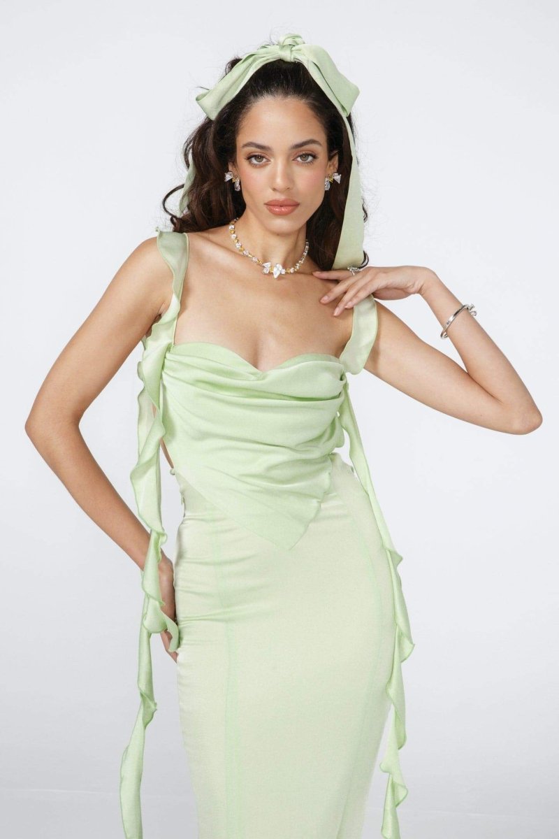 Hilda rückenfreies Maxikleid mit Rüschenband