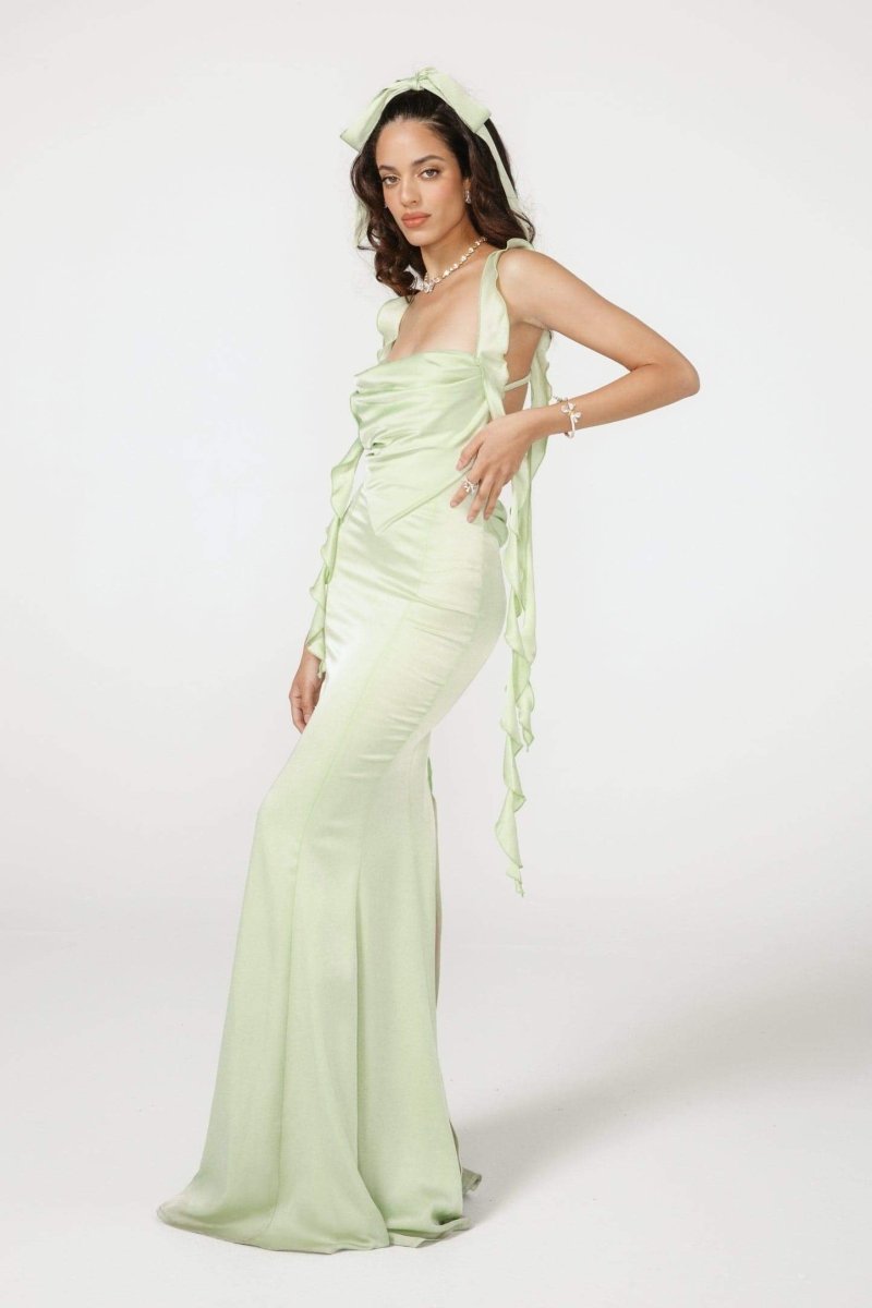 Hilda rückenfreies Maxikleid mit Rüschenband