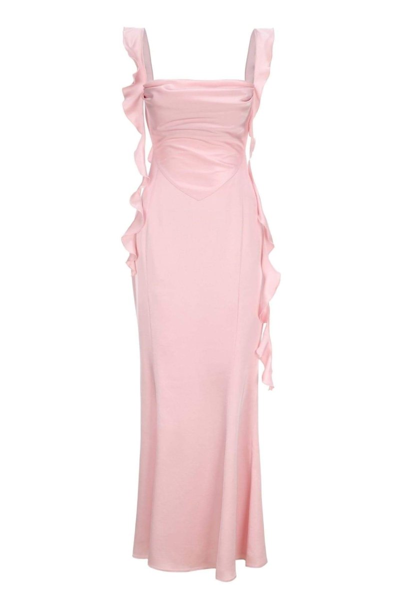 Hilda rückenfreies Maxikleid mit Rüschenband