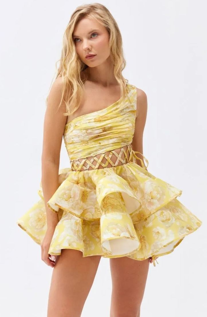 Andrea Blumenbedrucktes One-Shoulder-Minikleid aus Chiffon