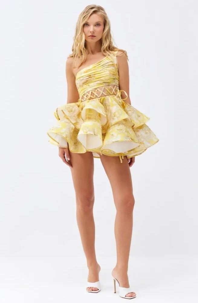 Andrea Blumenbedrucktes One-Shoulder-Minikleid aus Chiffon