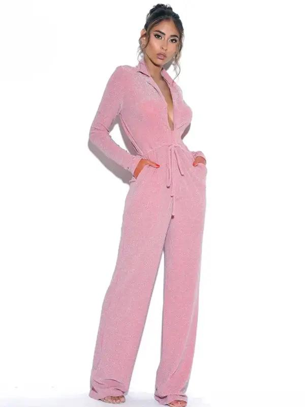 Sexy Jumpsuit für Damen mit weitem Bein, tiefem V-Ausschnitt und langen Ärmeln