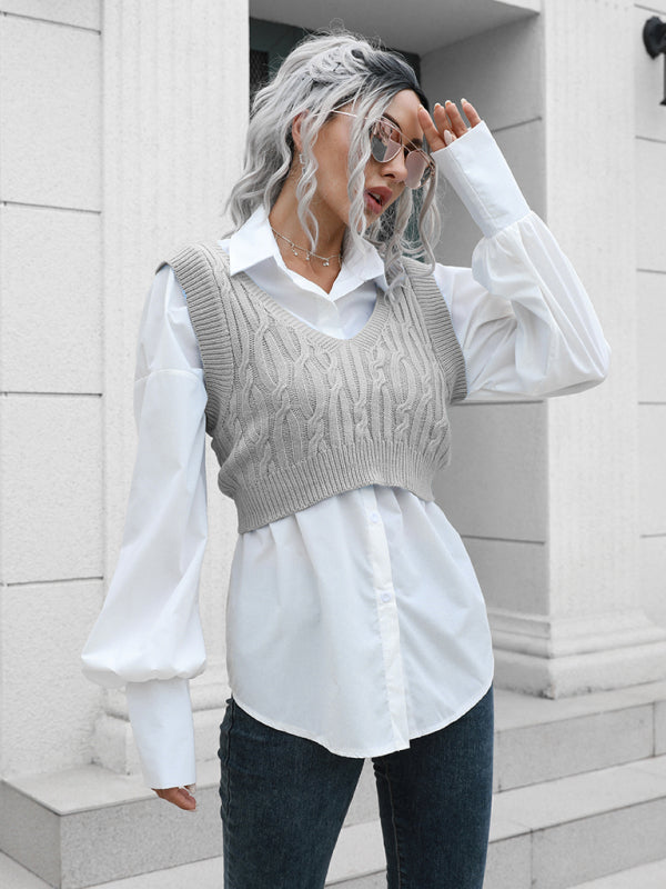 Damen-Pullover mit V-Ausschnitt und frittiertem Teig