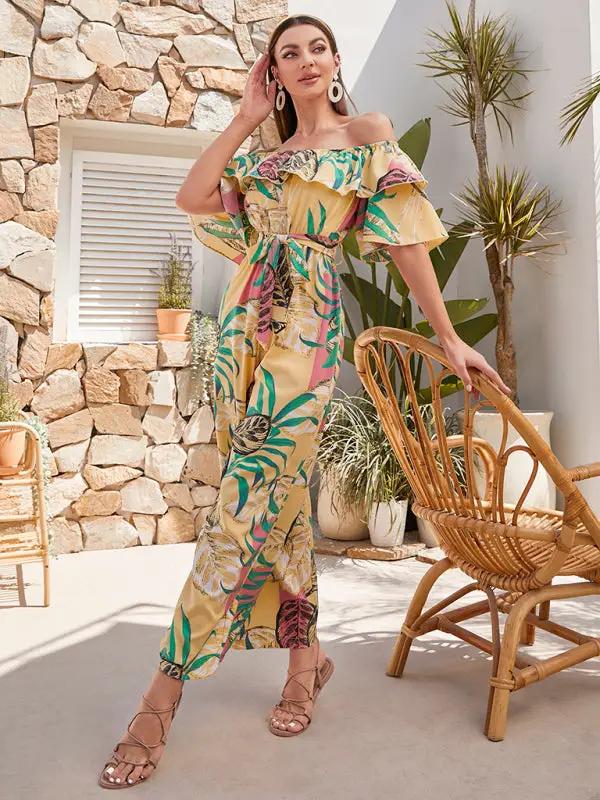 Damen-Jumpsuit aus gewebtem Chiffon mit One-Shoulder-Blumenmuster