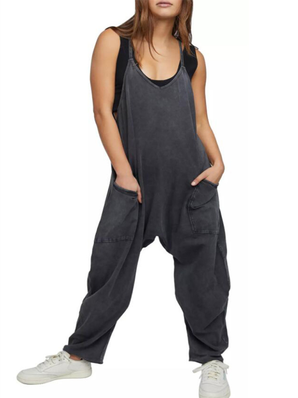 Lässiger, einfarbiger Jumpsuit mit V-Ausschnitt und Hosenträgertaschen für Damen
