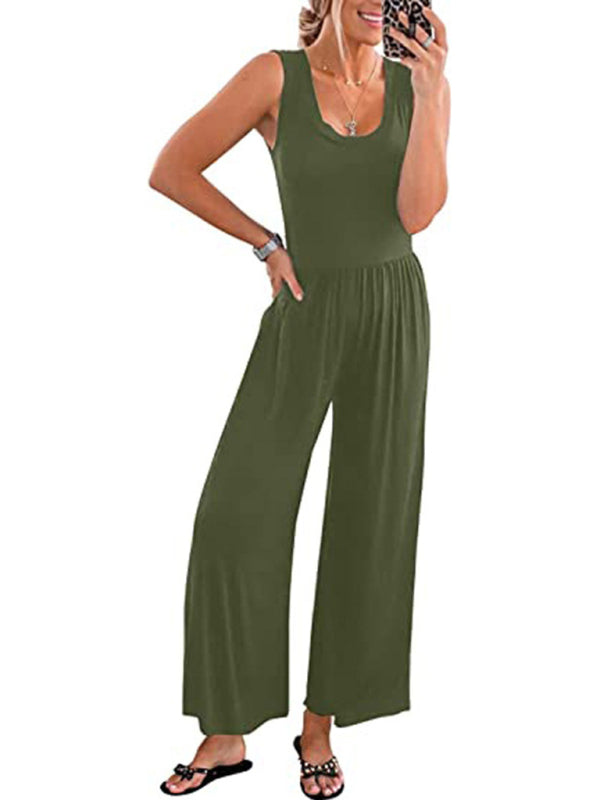 Einfarbiger, lockerer, ärmelloser Jumpsuit für Damen