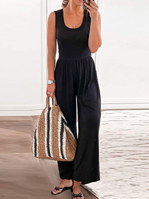 Einfarbiger, lockerer, ärmelloser Jumpsuit für Damen