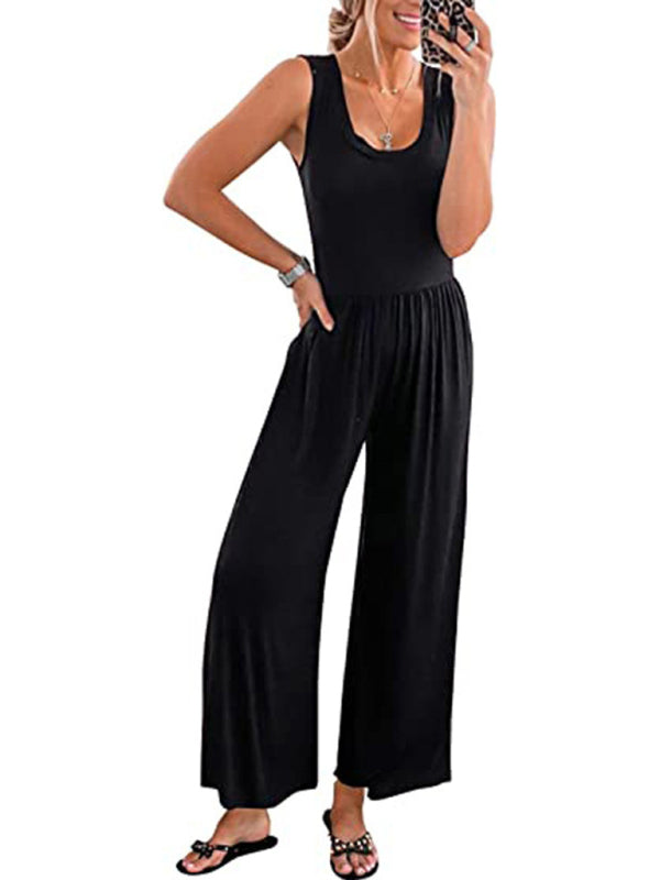 Einfarbiger, lockerer, ärmelloser Jumpsuit für Damen
