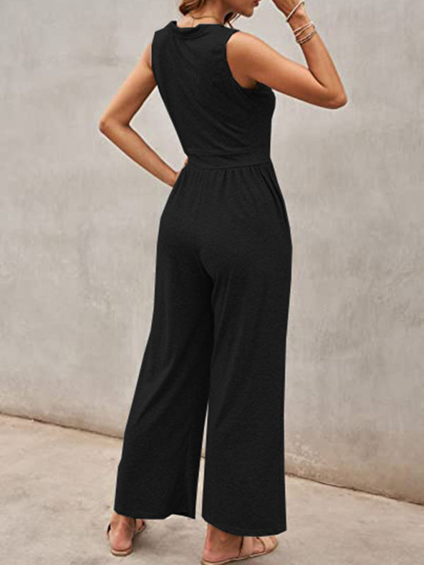 Einfarbiger, lockerer, ärmelloser Jumpsuit für Damen