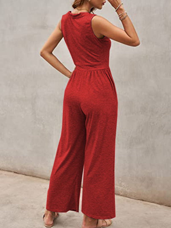Einfarbiger, lockerer, ärmelloser Jumpsuit für Damen