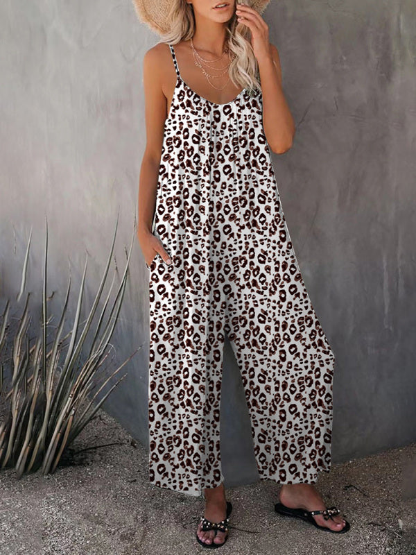 Lässiger ärmelloser Jumpsuit mit Leopardenmuster und Tasche für Damen