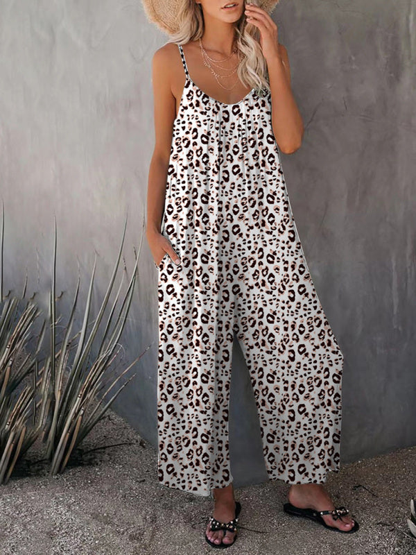 Lässiger ärmelloser Jumpsuit mit Leopardenmuster und Tasche für Damen