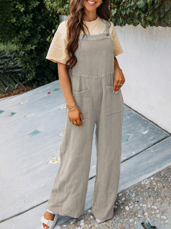 Neuer, lässiger, einfarbiger Overall mit gefaltetem quadratischem Kragen und losen Hosenträgern