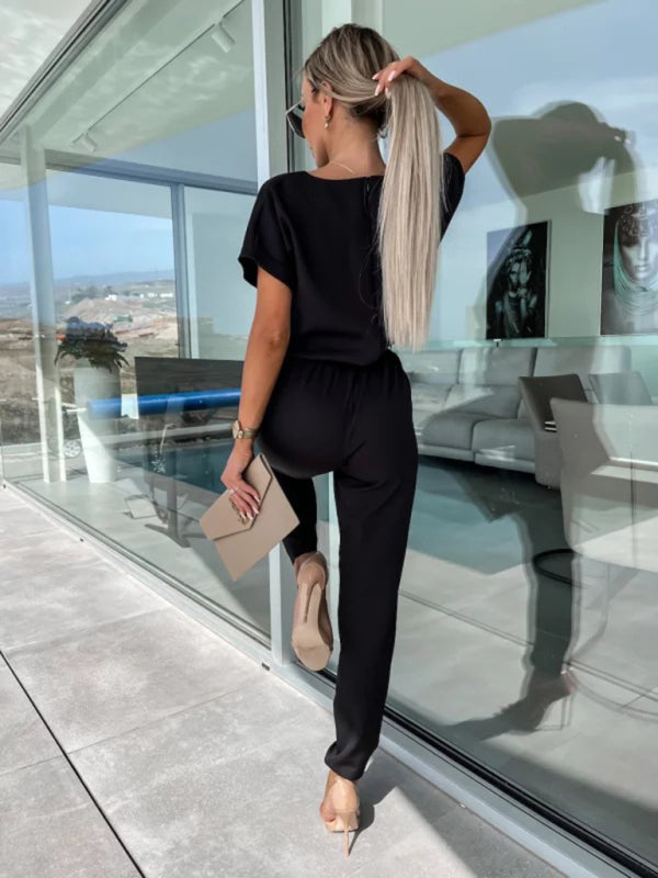 Kurzärmliger Jumpsuit mit V-Ausschnitt, Einstecktasche und elastischer Taille zum Binden in Bleistifthosen