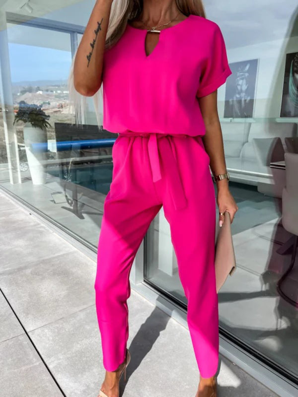 Kurzärmliger Jumpsuit mit V-Ausschnitt, Einstecktasche und elastischer Taille zum Binden in Bleistifthosen