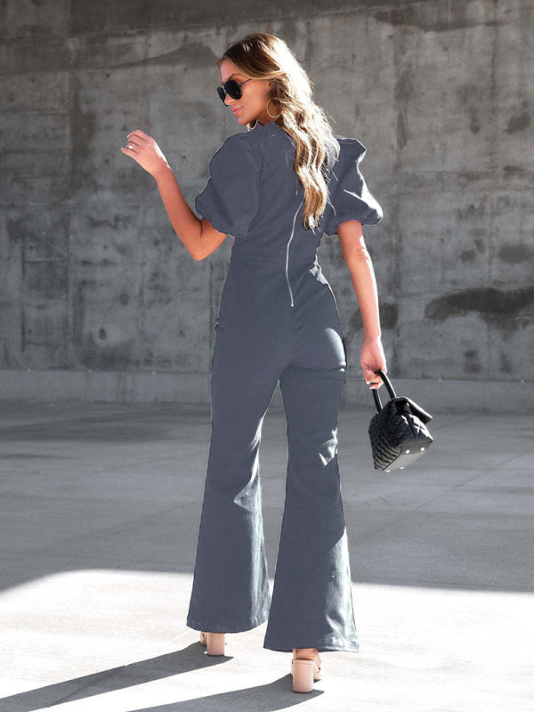 Damen-Jumpsuit aus Denim mit schmalen Puffärmeln und überkreuzter Taille