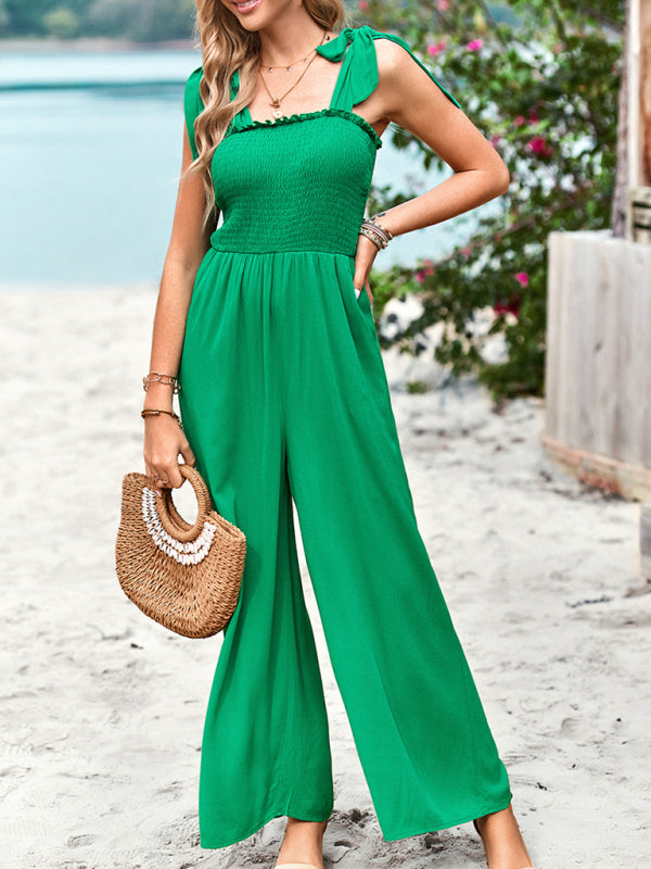 Neue temperamentvolle lässige einfarbige hohe Taille Wickelbrust Hosenträger Overall weite Beinhose